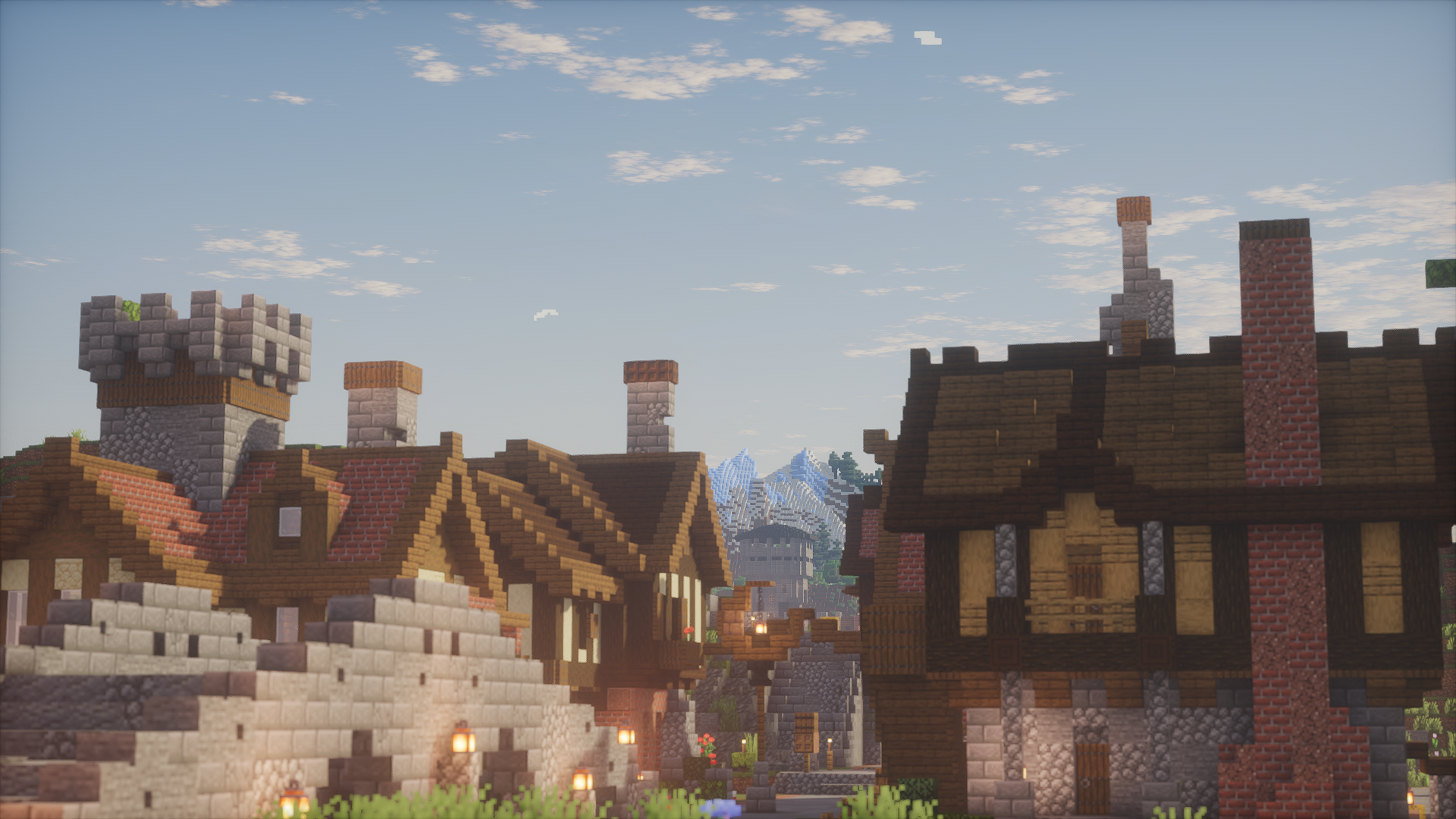 Brick chimneys and steep timber roofs along an old town street