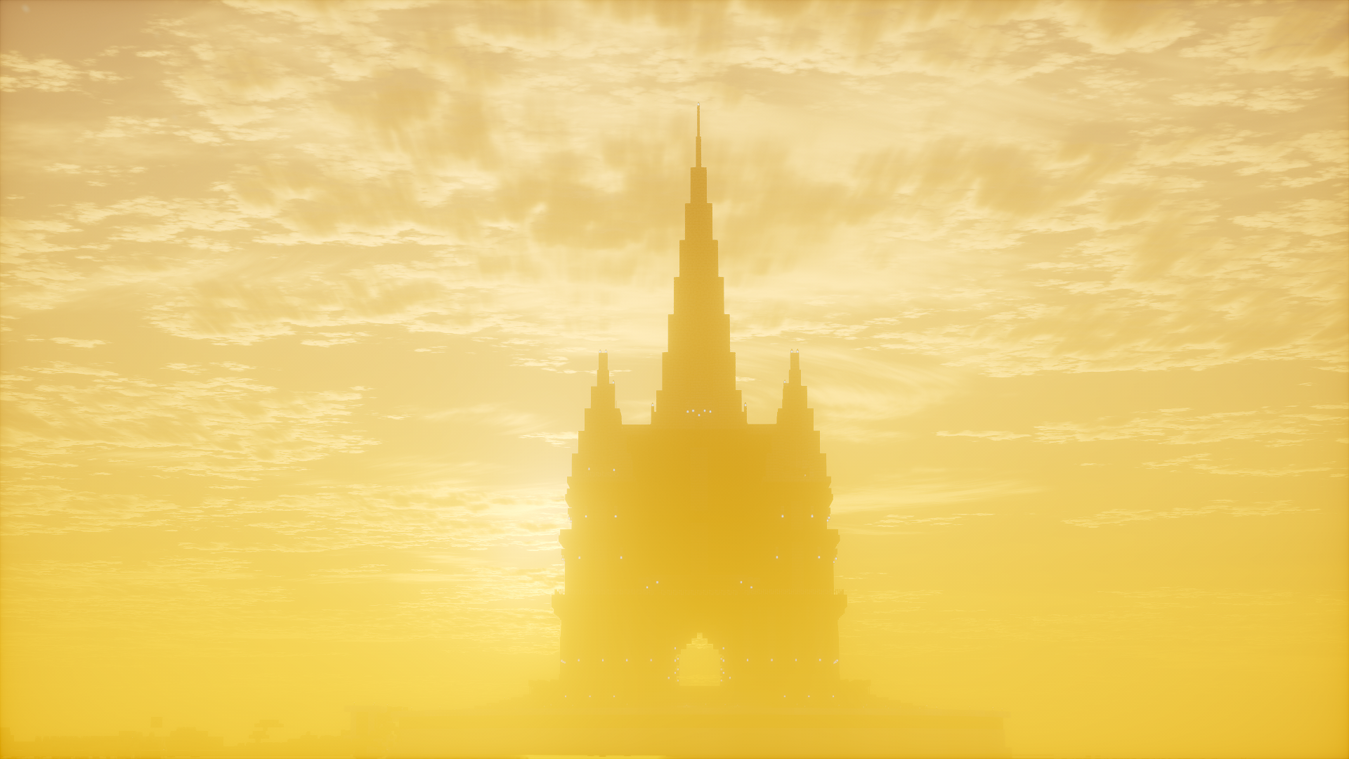 A towering citadel silhouetted against brilliant golden sunlight