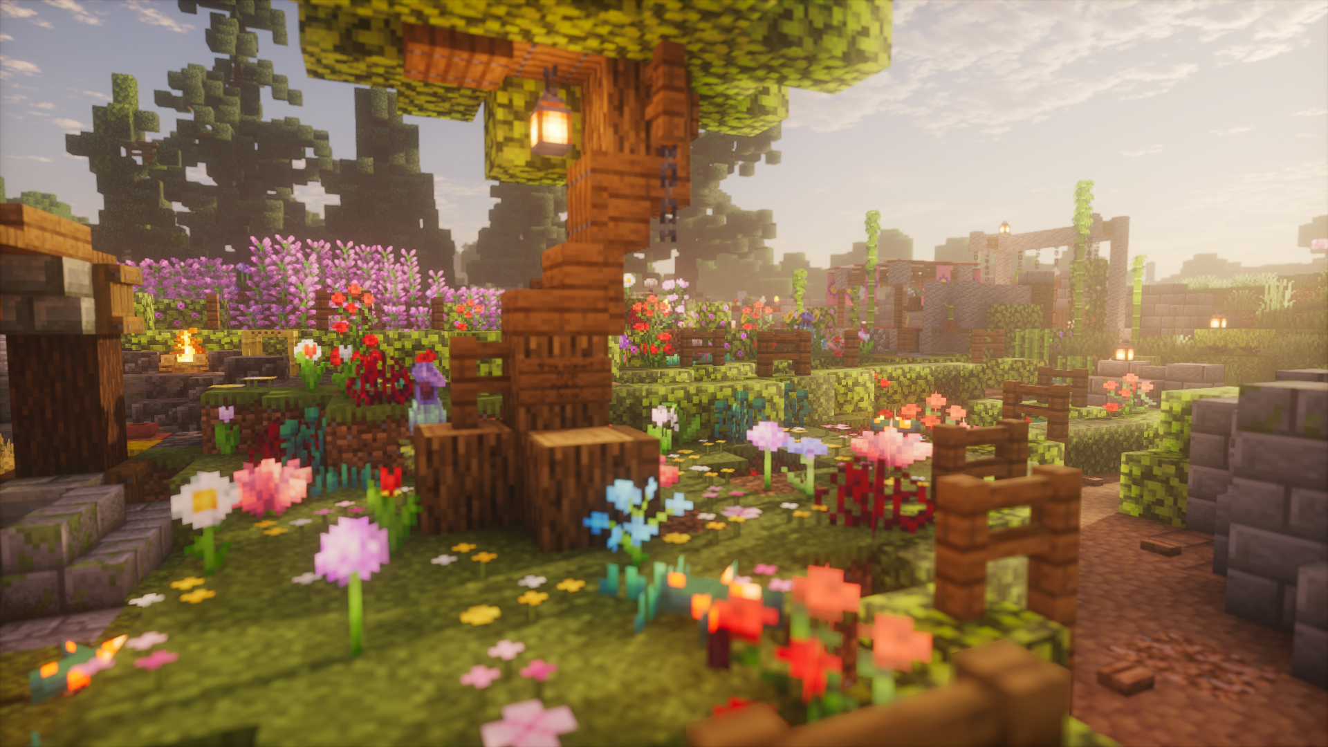 A winding path through flowers, hedges, and lantern trees