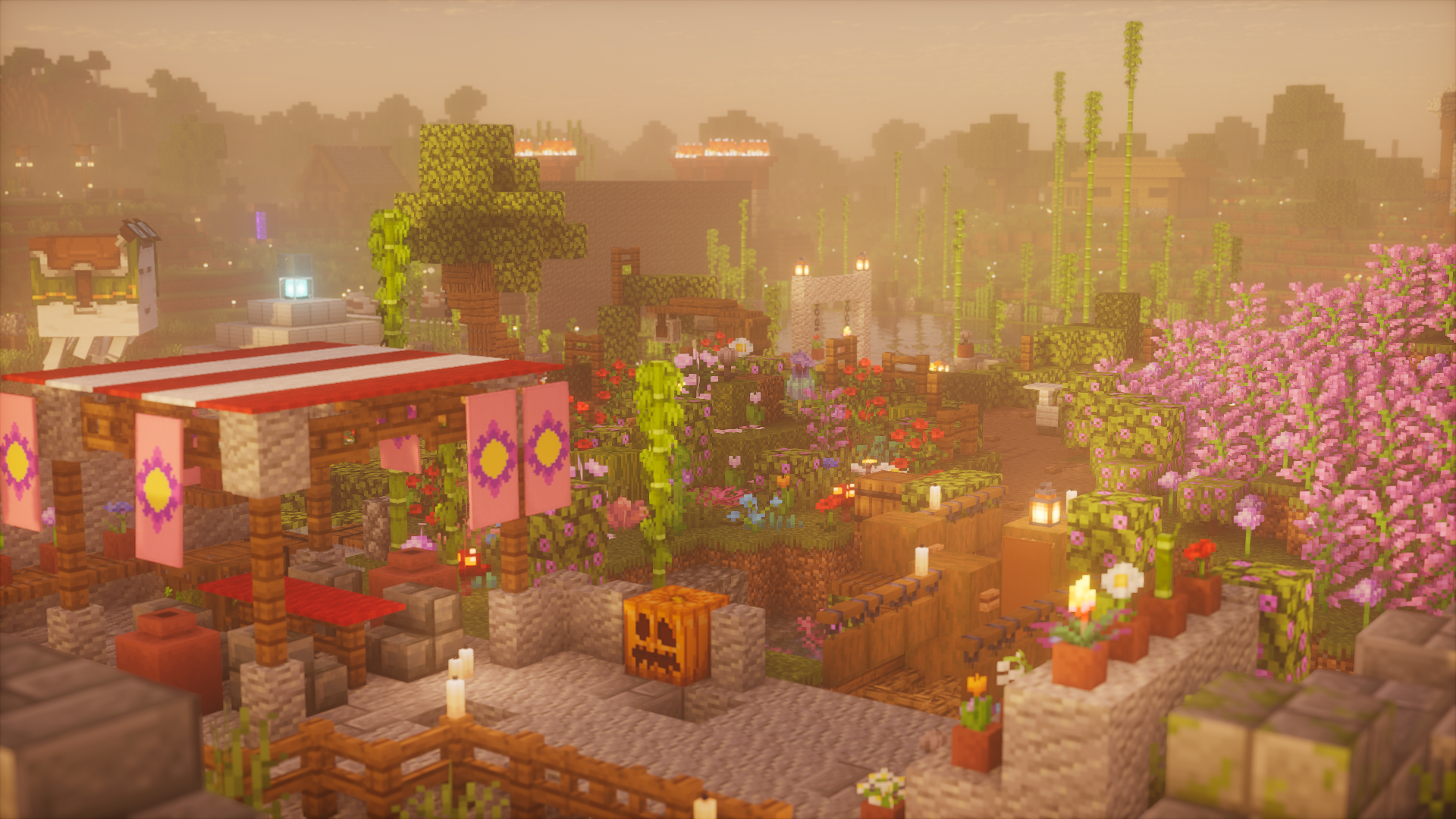 A flower-filled market garden in warm evening light