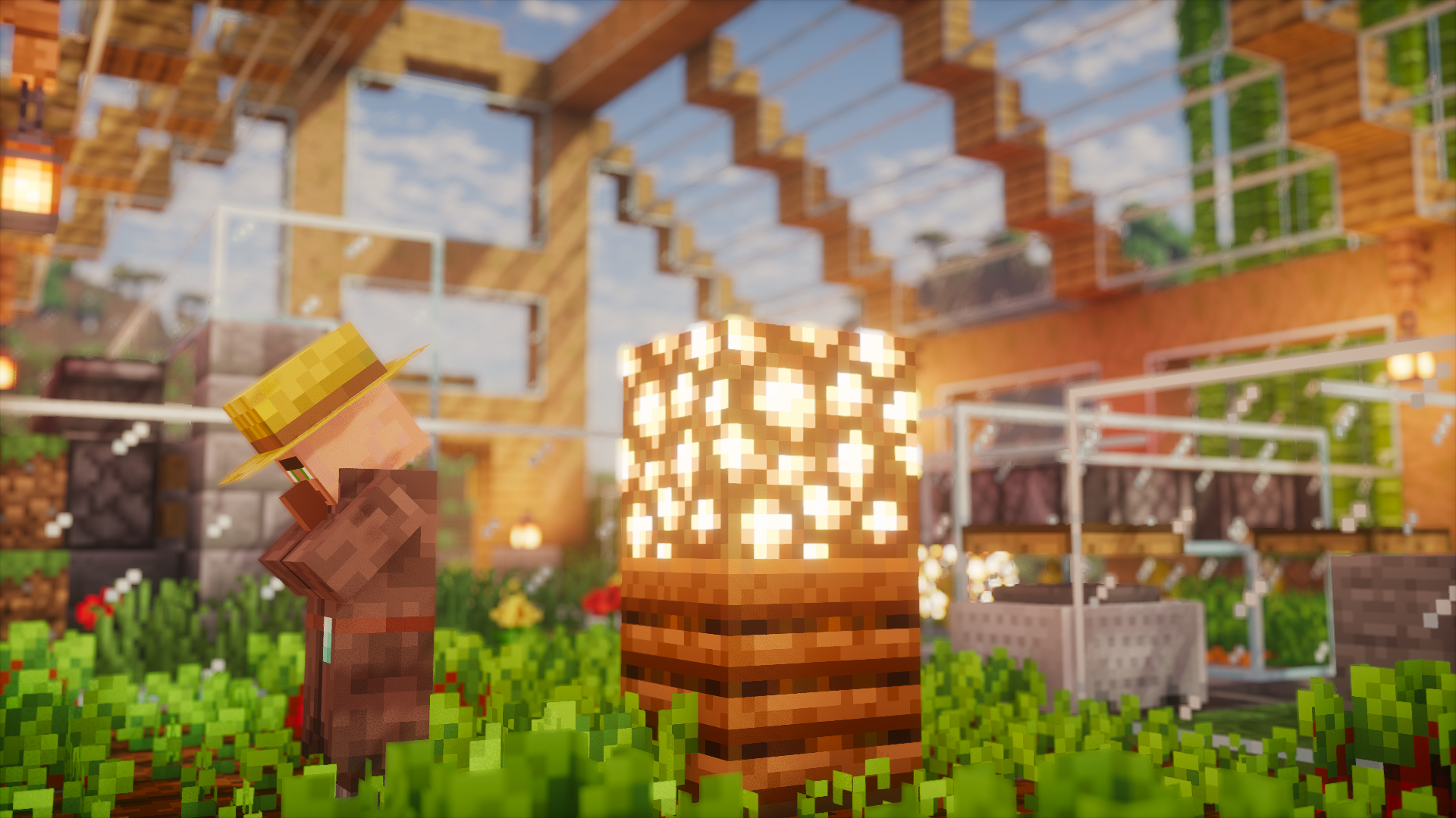 A farmer villager tending crops inside a bright greenhouse